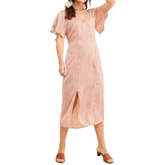 Free People X Saltwater Luxe Stripe Angel Sleeve V Neck Midi Dress Taupe…